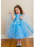Beaded Blue Lace Tulle Curly Hem Flower Girl Dress